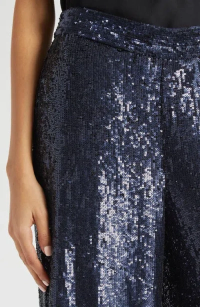 Twp Adieu Sequin Wide Leg Silk Pants In Navy
