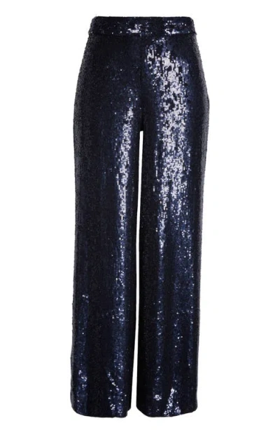 Twp Adieu Sequin Wide Leg Silk Pants In Navy