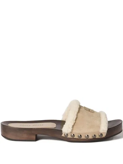 Miu Miu Suede Clog Sandals In Brown