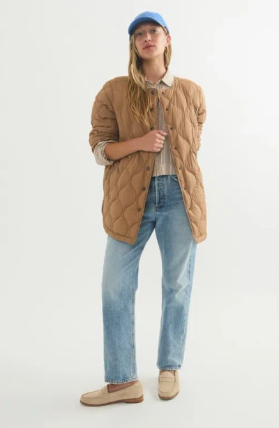 Marine Layer Collarless Quilted Coat In Brown