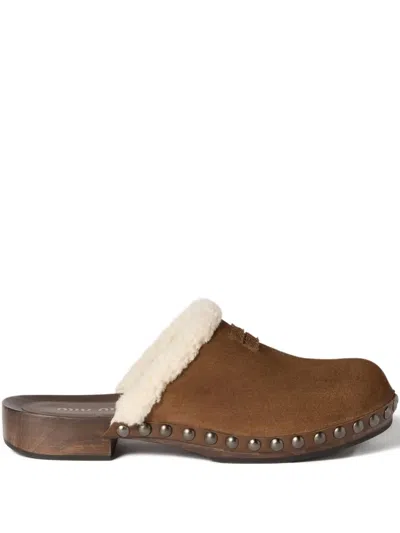 Miu Miu Suede Shearling-lined Clogs In Brown