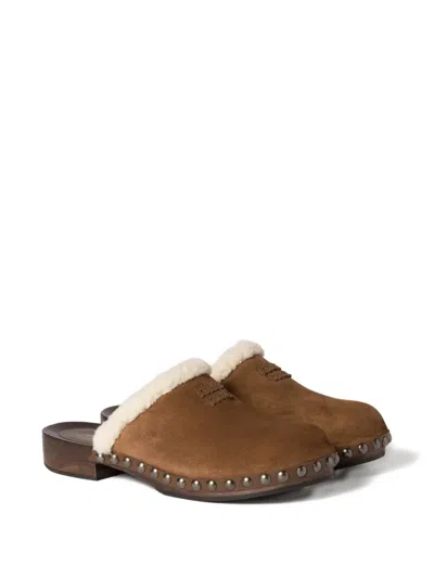 Miu Miu Suede Shearling-lined Clogs In Brown