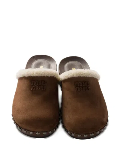 Miu Miu Suede Shearling-lined Clogs In Brown