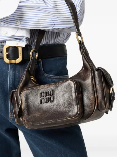 Miu Miu Zip Front Gold Side Top Handle In Brown