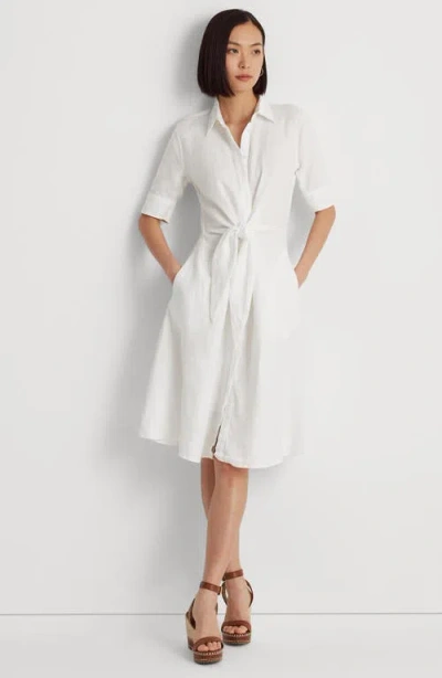 Ralph Lauren Lauren  Linen Tie Front Shirtdress In White