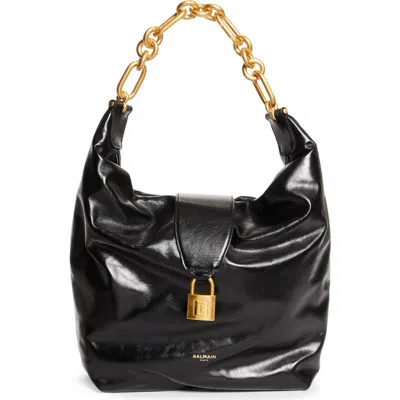 Balmain Sync Hobo Bag In Calfskin Leather In Black