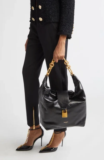 Balmain Sync Hobo Bag In Calfskin Leather In Black