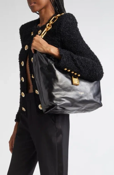 Balmain Sync Hobo Bag In Calfskin Leather In Black