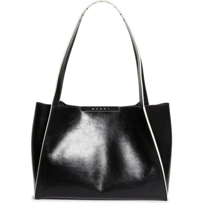 Marni Rectangular Two-tone Shoulder Bag With Long Handles In Black