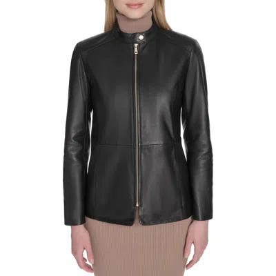 Cole Haan Women's Hand Stitched Detail Stand Collar Leather Jacket In Black