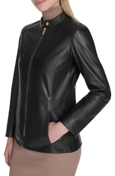 Cole Haan Women's Hand Stitched Detail Stand Collar Leather Jacket In Black