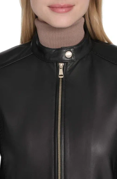 Cole Haan Women's Hand Stitched Detail Stand Collar Leather Jacket In Black