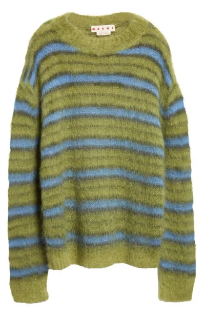 Marni Crew Neck Fuzzy Striped Sweater In Green