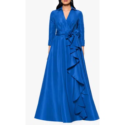 Betsy & Adam Ruffle Detail Taffeta Gown In Blue
