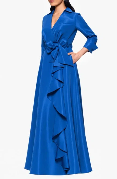 Betsy & Adam Ruffle Detail Taffeta Gown In Blue
