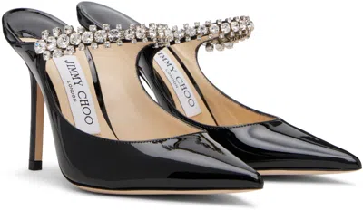 Jimmy Choo Bing 100 Black Patent Leather Clog With Crystal Strap In Gray