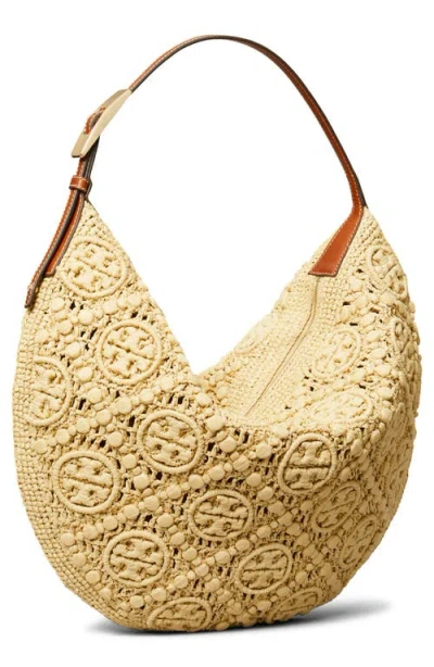 Tory Burch T Monogram Raffia Balloon Bag In Beige