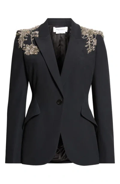 Alexander Mcqueen Mcqueen Silver Tattoo Peak Shoulder Blazer In Black