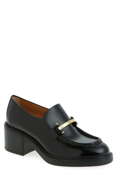 Tod's Block Heel Round Toe Loafers With Hardware In Black