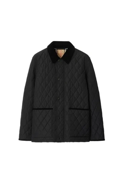 Burberry Diamond Quilted Jacket With Corduroy Collar In Black