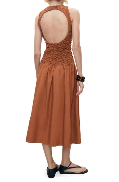 Mango Textured Bodice Open Back Sundress In Brown