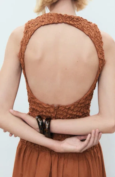 Mango Textured Bodice Open Back Sundress In Brown