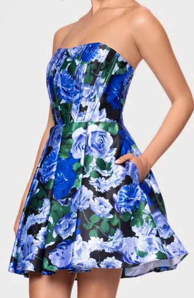 Blondie Nites Floral Print Strapless Minidress In Blue