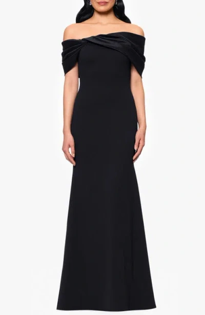 Betsy & Adam Off The Shoulder Scuba Crepe & Organza Sheath Gown In Black