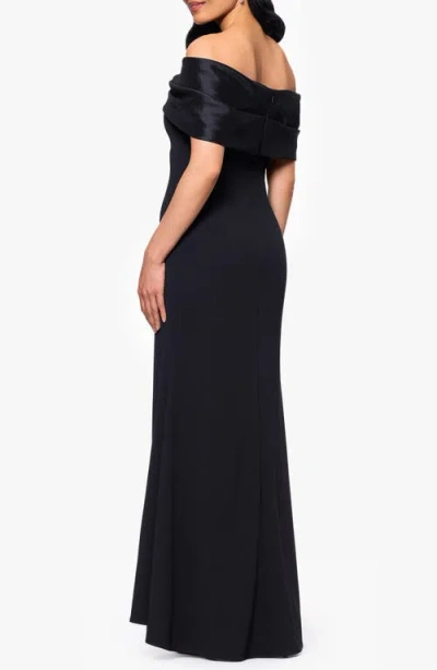 Betsy & Adam Off The Shoulder Scuba Crepe & Organza Sheath Gown In Black