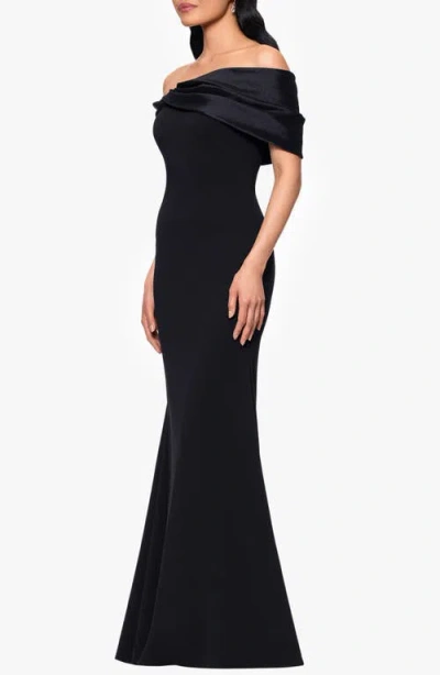 Betsy & Adam Off The Shoulder Scuba Crepe & Organza Sheath Gown In Black