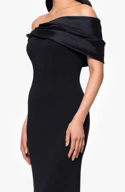 Betsy & Adam Off The Shoulder Scuba Crepe & Organza Sheath Gown In Black