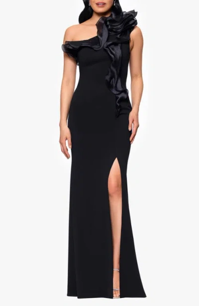 Betsy & Adam Organza Ruffle One-shoulder Scuba Crepe Gown In Black