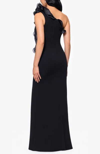 Betsy & Adam Organza Ruffle One-shoulder Scuba Crepe Gown In Black