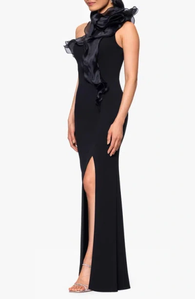 Betsy & Adam Organza Ruffle One-shoulder Scuba Crepe Gown In Black