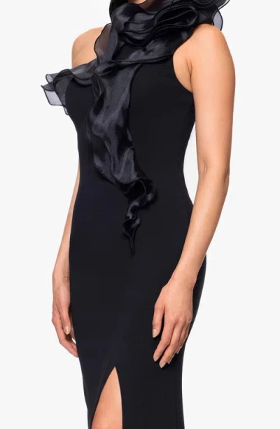 Betsy & Adam Organza Ruffle One-shoulder Scuba Crepe Gown In Black