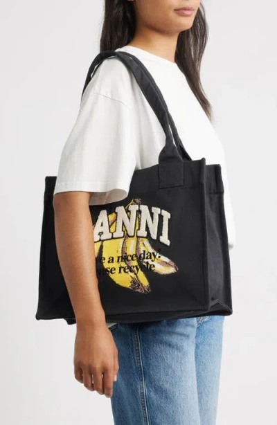 Ganni Banana Print Large Tote Bag In Black