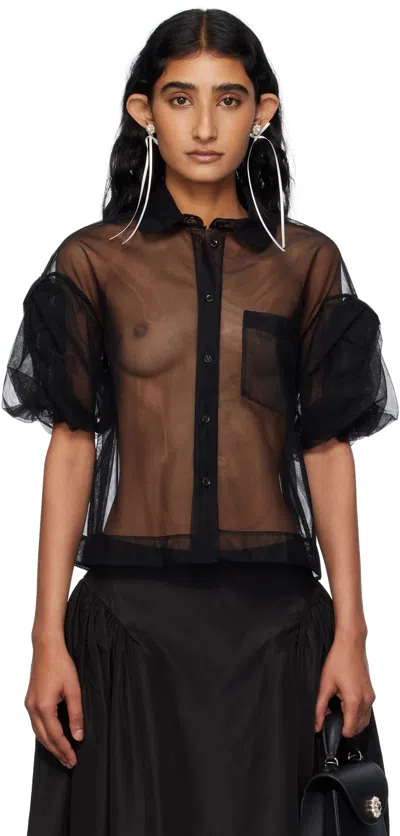 Simone Rocha Black Sheer Cropped Bow Puff Sleeve Shirt In Black