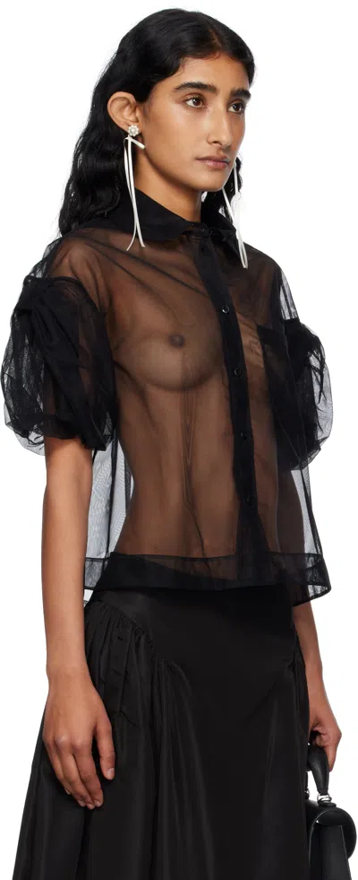 Simone Rocha Black Sheer Cropped Bow Puff Sleeve Shirt In Black