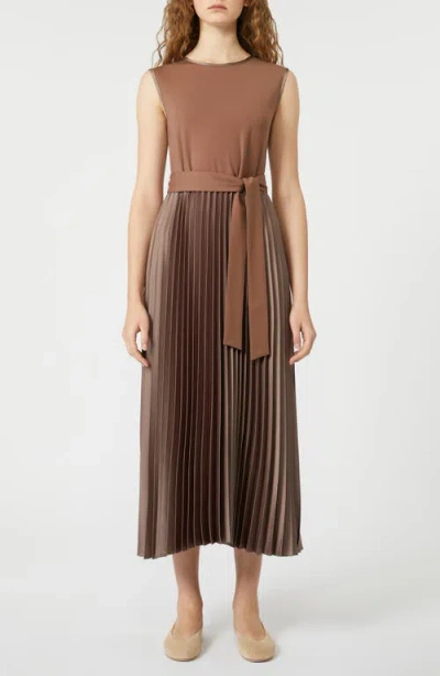 Weekend Max Mara Omens Brown Sleeveless Pleated Jersey And Satin Midi Dress In Brown