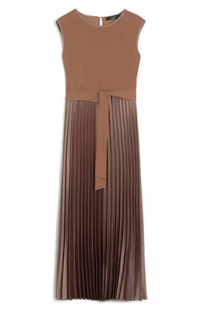 Weekend Max Mara Omens Brown Sleeveless Pleated Jersey And Satin Midi Dress In Brown