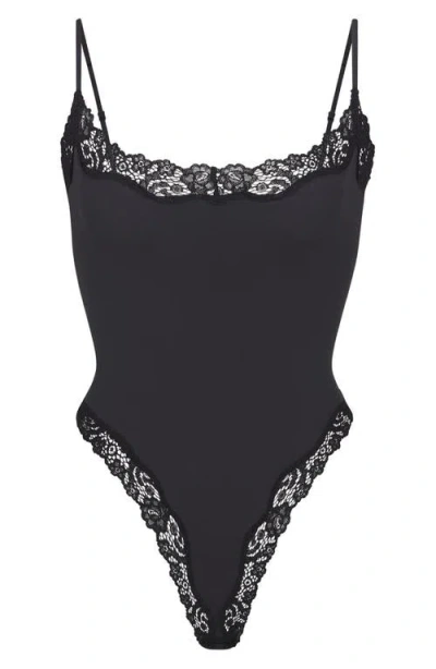 Skims Fits Everybody Lace-trimmed Stretch-jersey Thong Bodysuit In Onyx