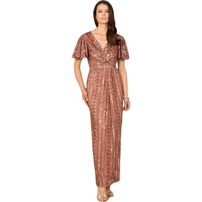 Lara New York Beaded Gown With Flutter Sleeves In Brown