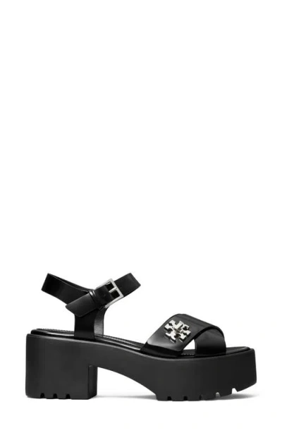 Tory Burch Turnlock Leather Lug-heeled Platform Sandals In Black