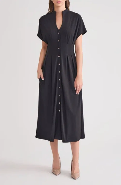 Misook Mock Neck Button Front Midi Dress In Black