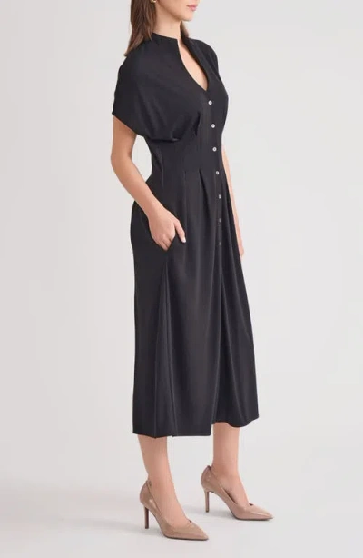 Misook Mock Neck Button Front Midi Dress In Black
