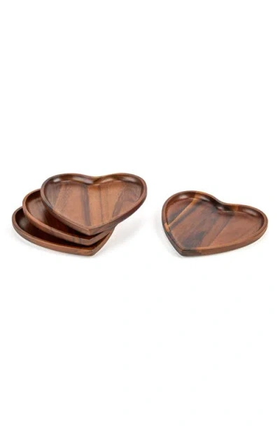 Nambe Nambé Eat Your Heart Out Set Of 4 Acacia Wood Appetizer Plates In Brown