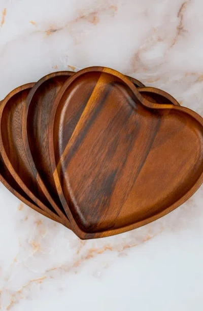 Nambe Nambé Eat Your Heart Out Set Of 4 Acacia Wood Appetizer Plates In Brown
