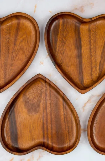 Nambe Nambé Eat Your Heart Out Set Of 4 Acacia Wood Appetizer Plates In Brown