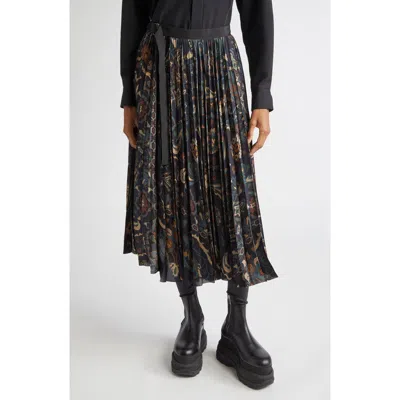 Sacai Womens Navy Floral Pleated Woven Midi Skirt In Black