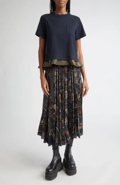 Sacai Womens Navy Floral Pleated Woven Midi Skirt In Black